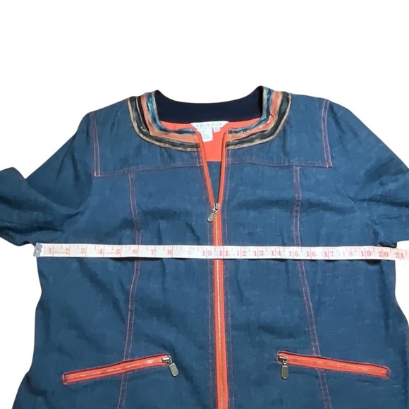 SPANNER Cotton Denim Full Zip Jacket Ribbon Trim Front Pockets Collarless Sz 16 - Picture 5 of 7